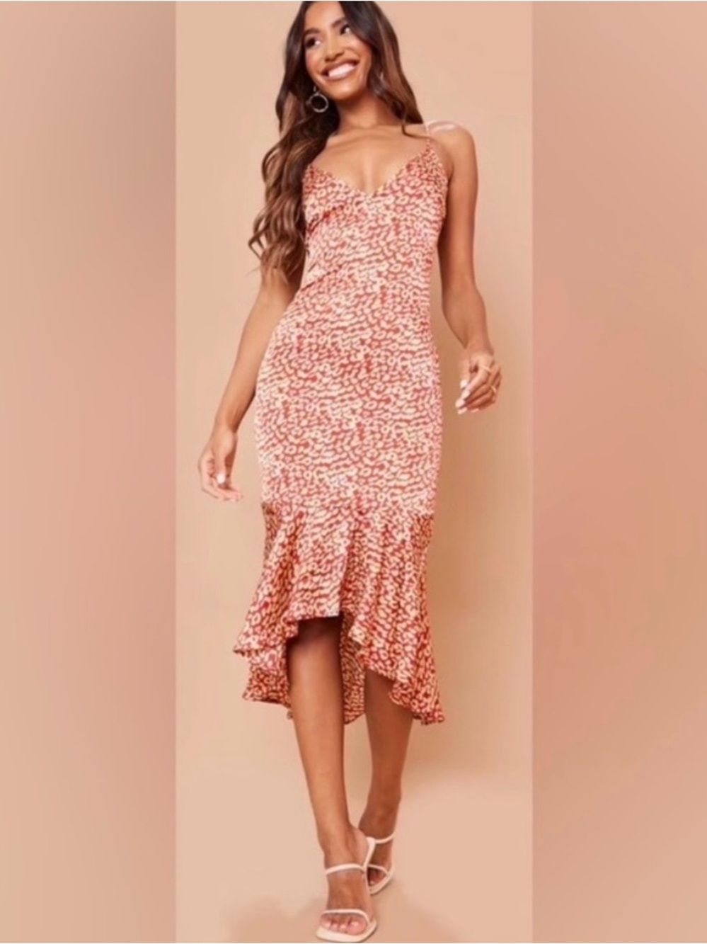PrettyLittleThing Red Leopard Print High-Low Slip Dress